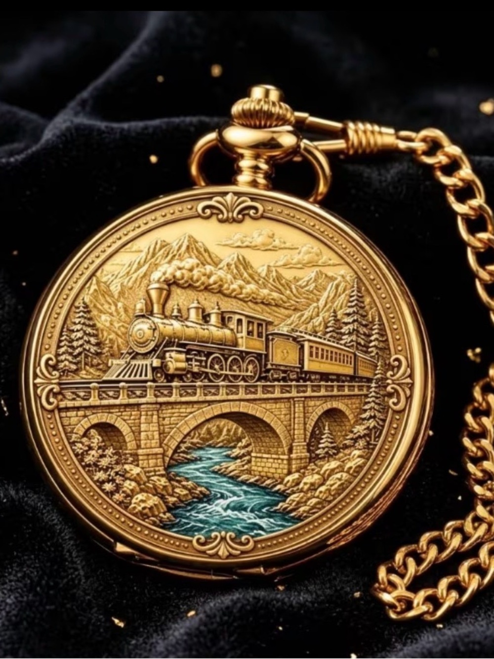 Gold-Tone Pocket Watch Pendant with Scenic Train Engraving